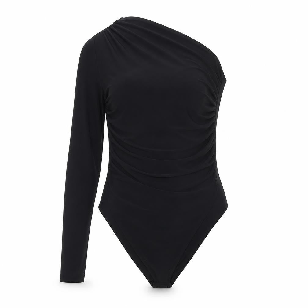 River Island Women's Black One Shoulder Long Sleeve Bodysuit Size 8