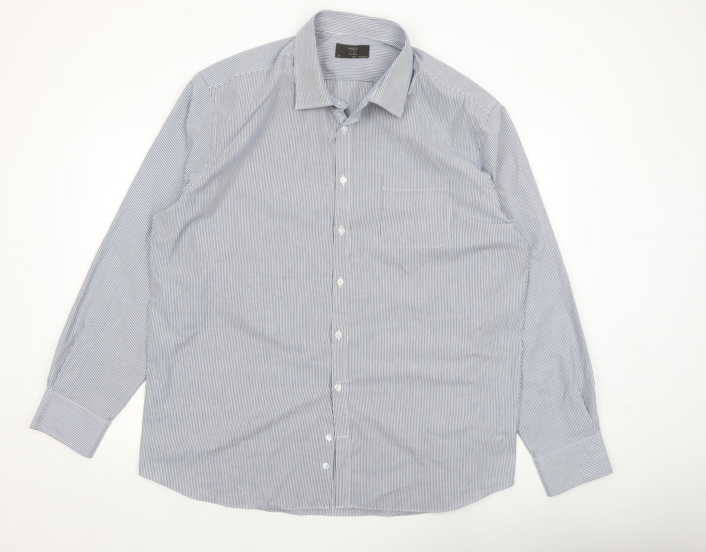 Marks and Spencer Men's Blue Striped 19in Tailored Long Sleeve Dress Shirt