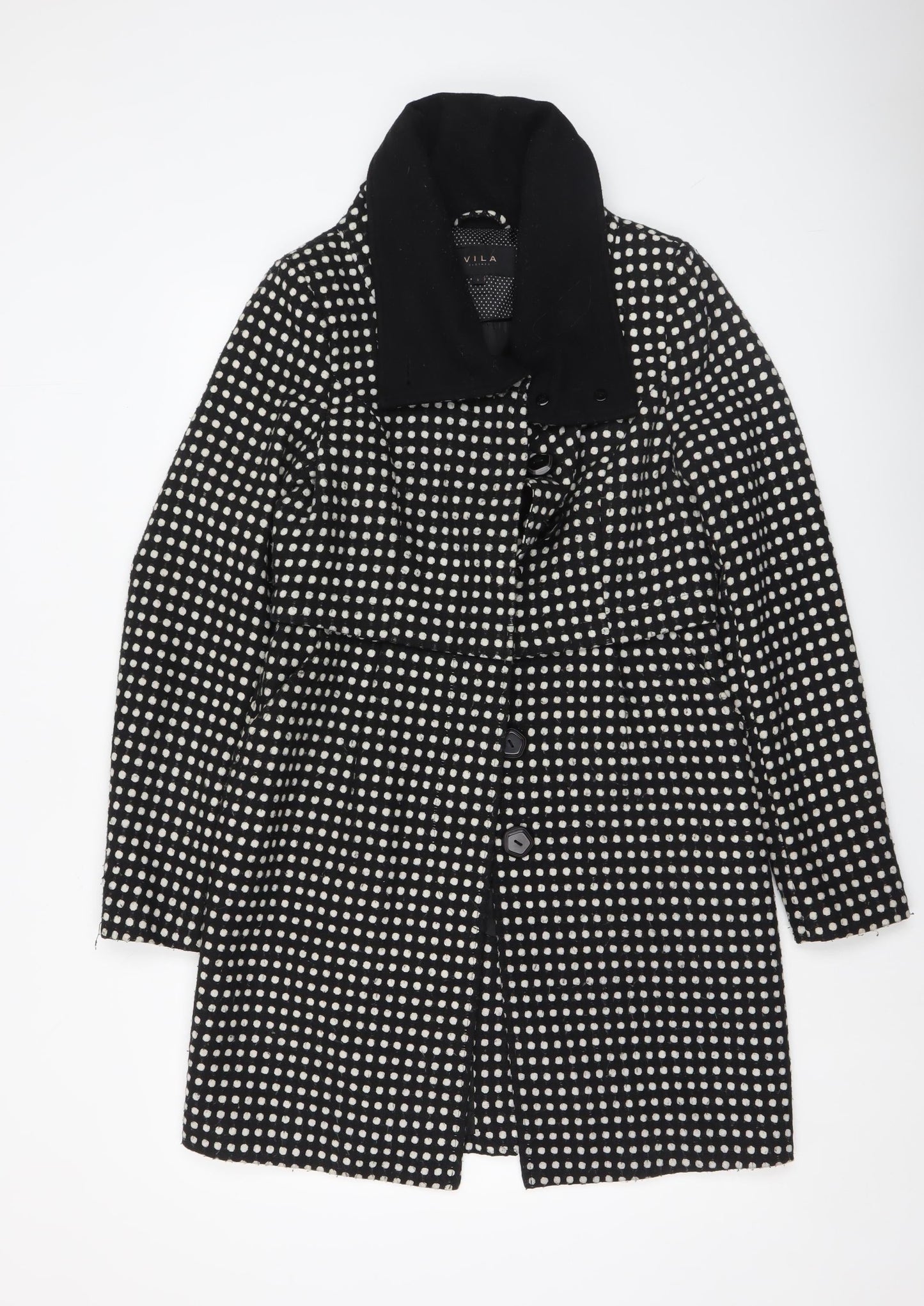 Vila Women’s Black White Polka Dot Overcoat Size S Mid-Length Smart Coat