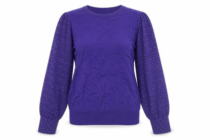 Front view of Gallery women’s purple polka dot sleeve jumper m