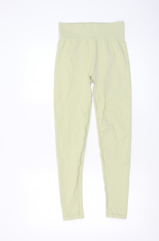 H&M Sport Women’s Green Ribbed Leggings Size S Slim Fit Stretch Activewear