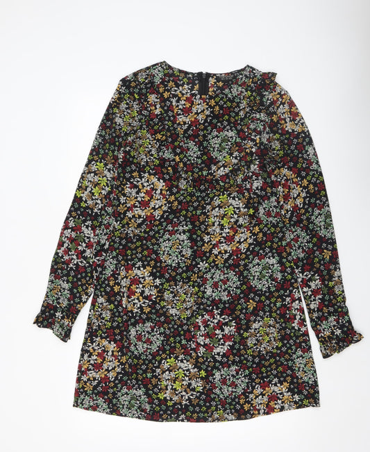 Topshop Women’s Multicoloured Floral Shift Dress Size 14 Long Sleeve Ruffle
