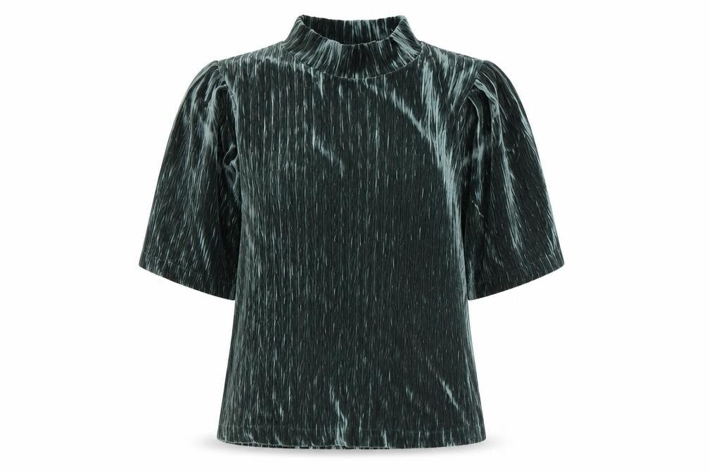 b.young Women's Green Velvet Mock Neck Puff Sleeve Blouse Size M