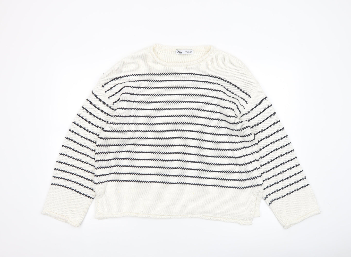 ZARA Women Ivory Striped Cotton Knit Jumper Size L