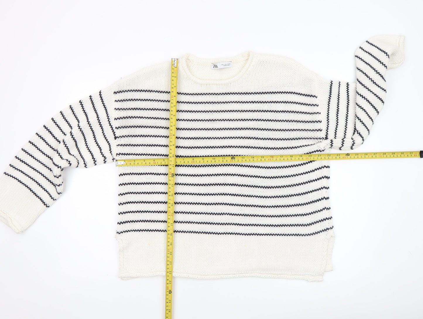 ZARA Women Ivory Striped Cotton Knit Jumper Size L