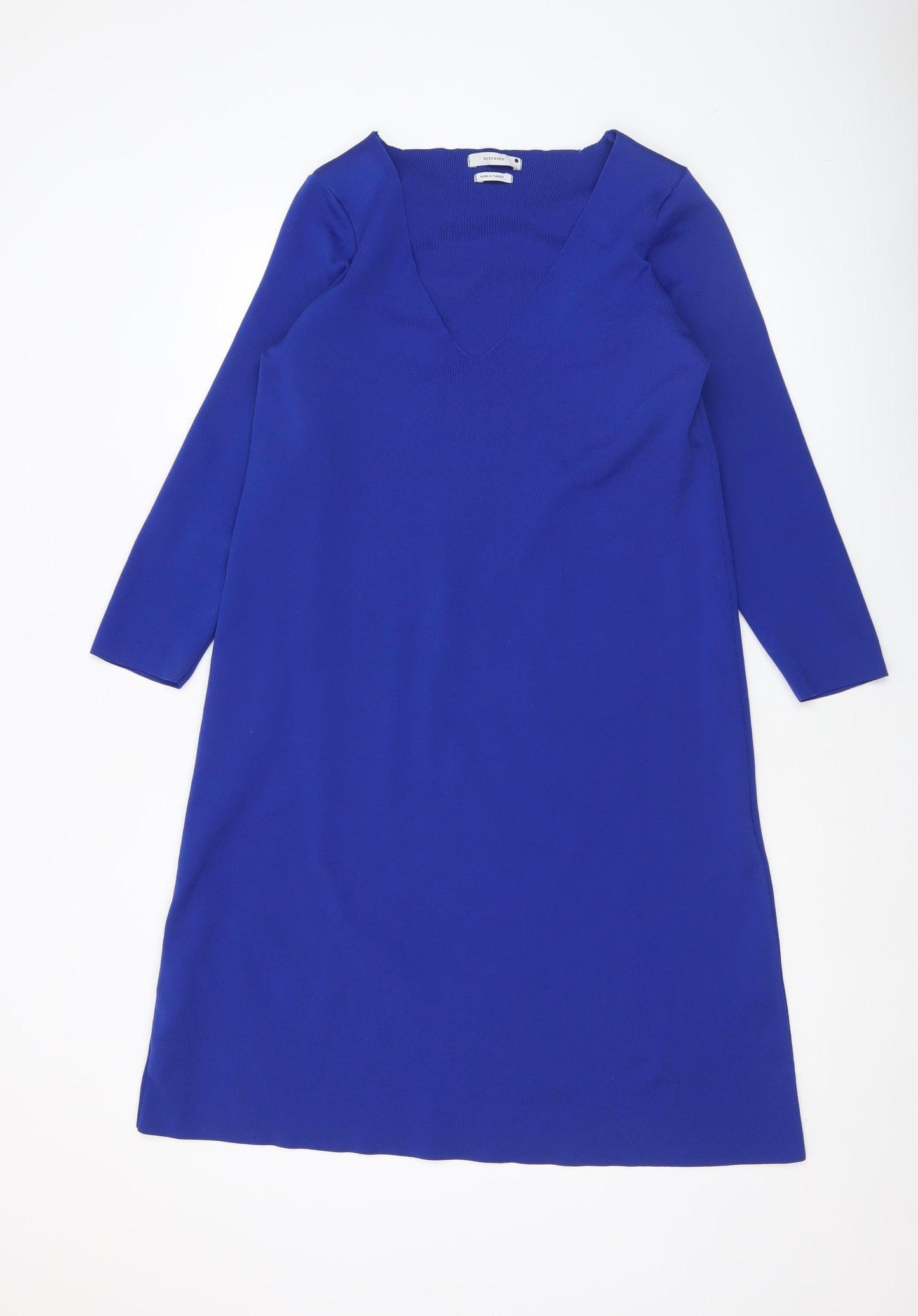 Reserved Women’s Blue Knee Length Shift Dress Size L V-Neck Long Sleeve