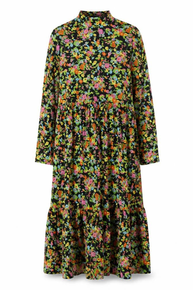 Warehouse Women's Multicoloured Floral Midi Dress Size L Long Sleeve High Neck