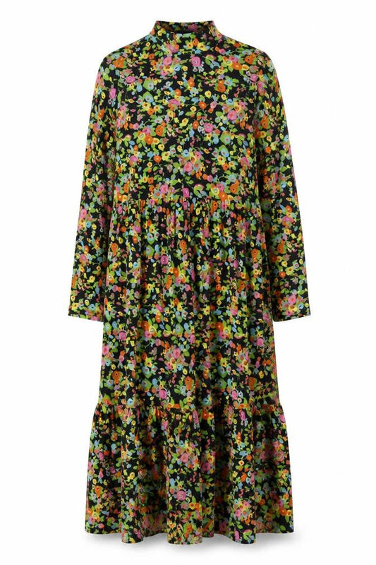 Warehouse Women's Multicoloured Floral Midi Dress Size L Long Sleeve High Neck