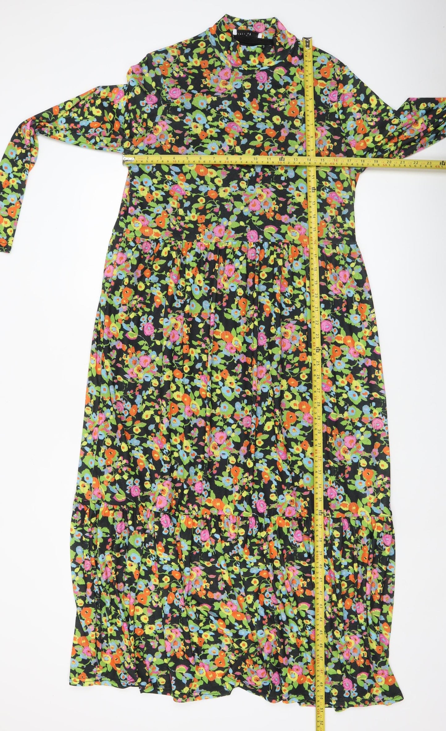 Warehouse Women's Multicoloured Floral Midi Dress Size L Long Sleeve High Neck