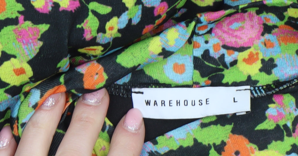 Warehouse Women's Multicoloured Floral Midi Dress Size L Long Sleeve High Neck