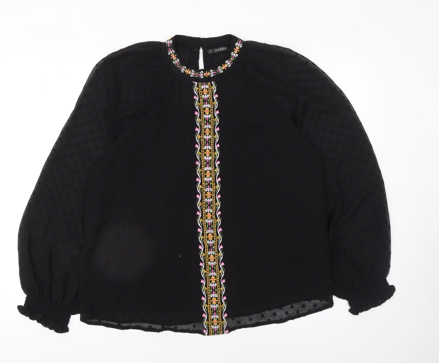 Dunnes Stores Women's Black Embroidered Bohemian Chiffon Blouse Size 12