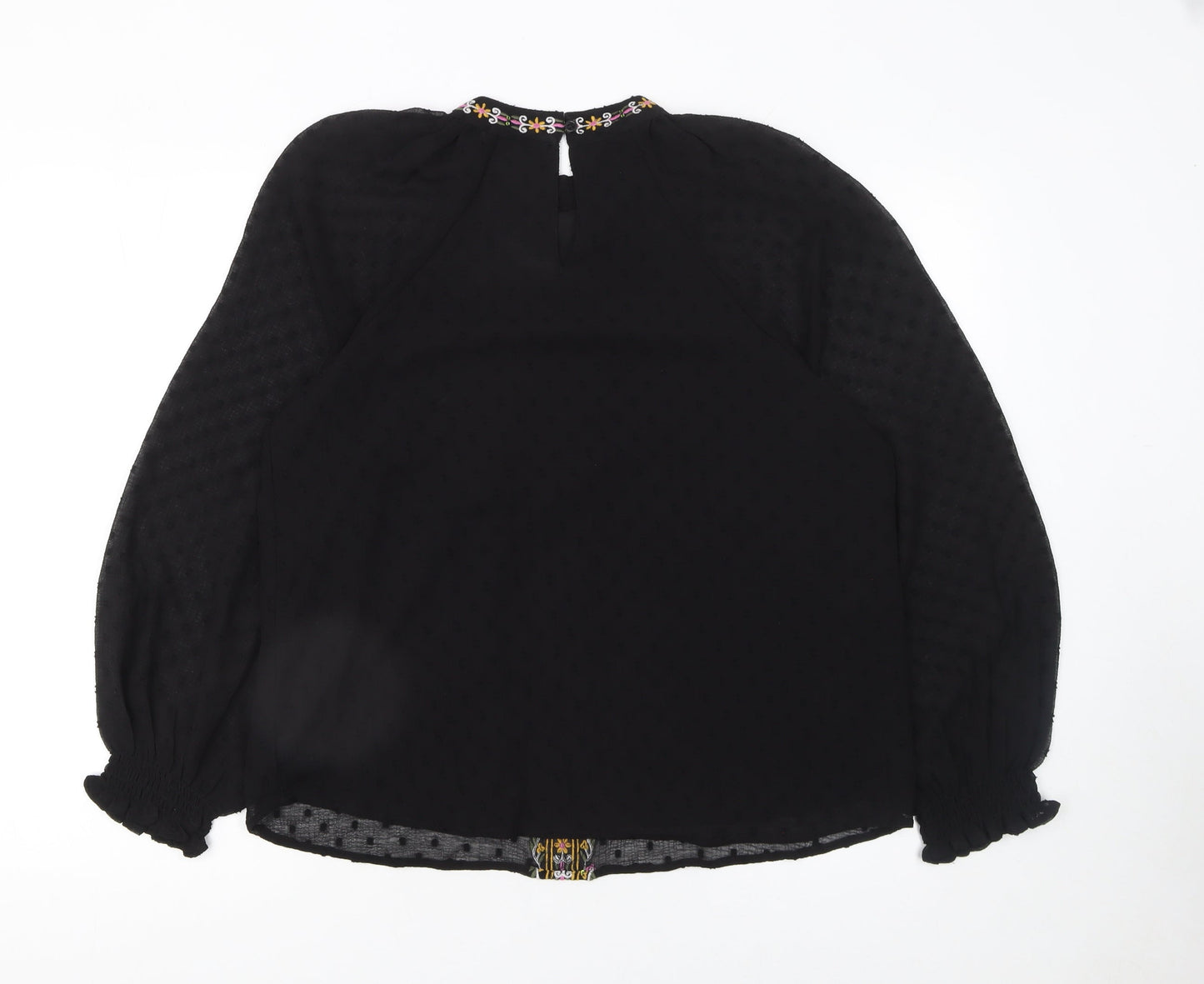 Dunnes Stores Women's Black Embroidered Bohemian Chiffon Blouse Size 12