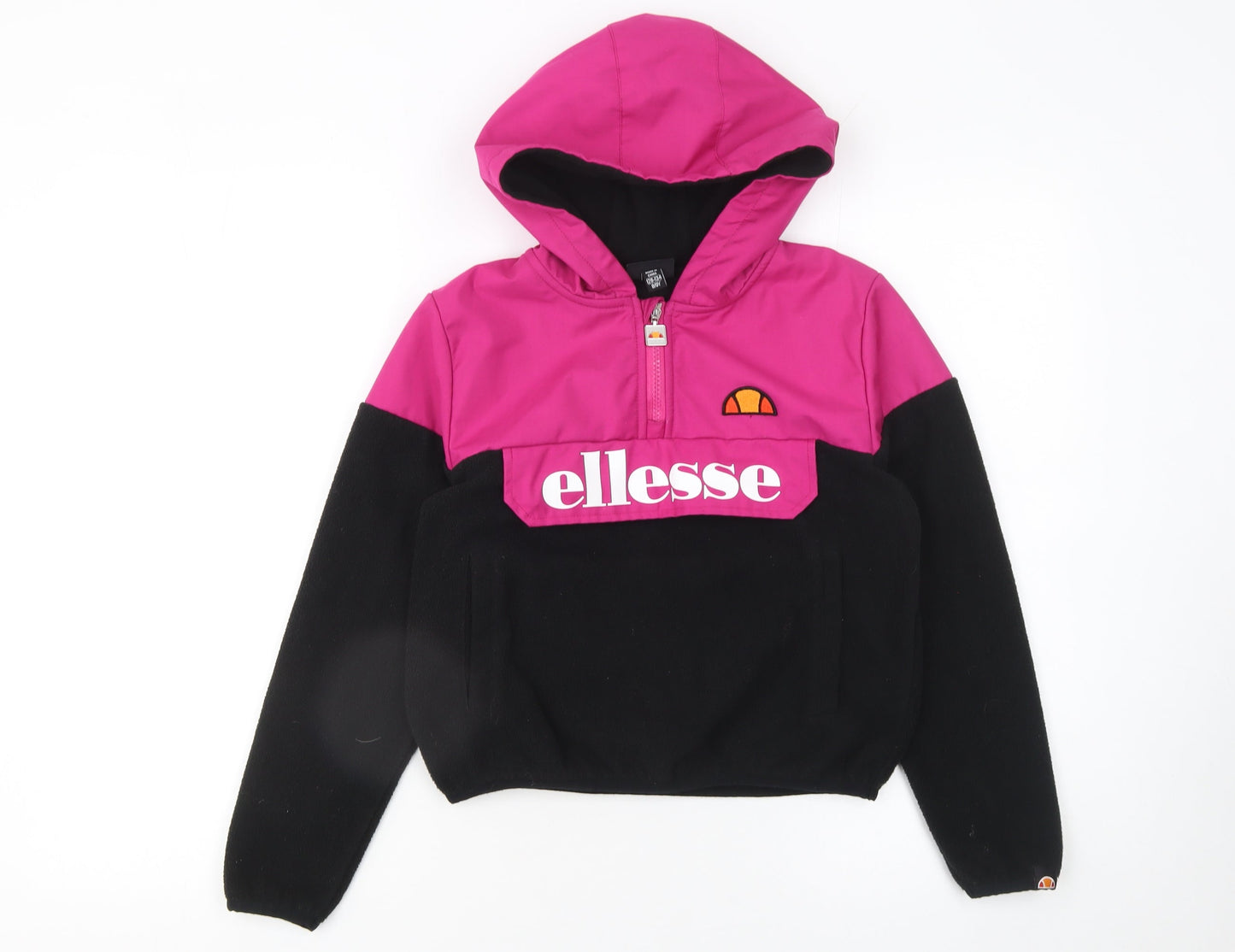 Ellesse Girls Pink Black Colourblock Fleece Hoodie 8 Years 1/4 Zip Logo Pullover