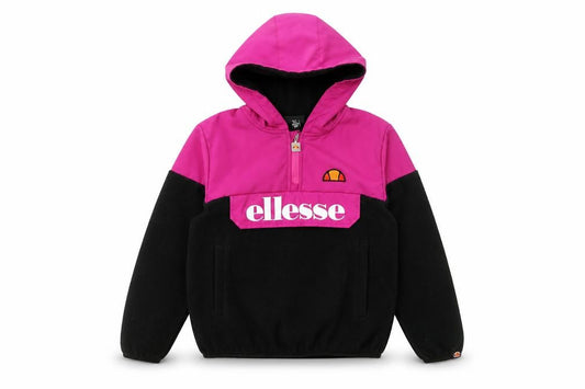 Front view of Ellesse girls’ pink black colourblock fleece hoodie 8 years 1/4 zip logo pullover