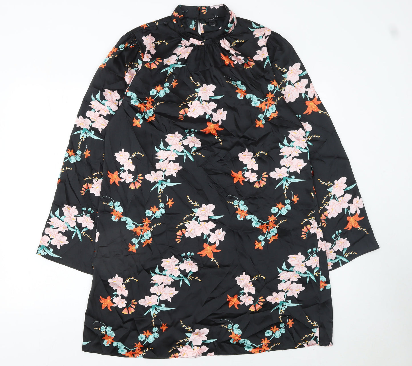 River Island Women's Black Floral Shift Dress Size 14 Long Sleeve