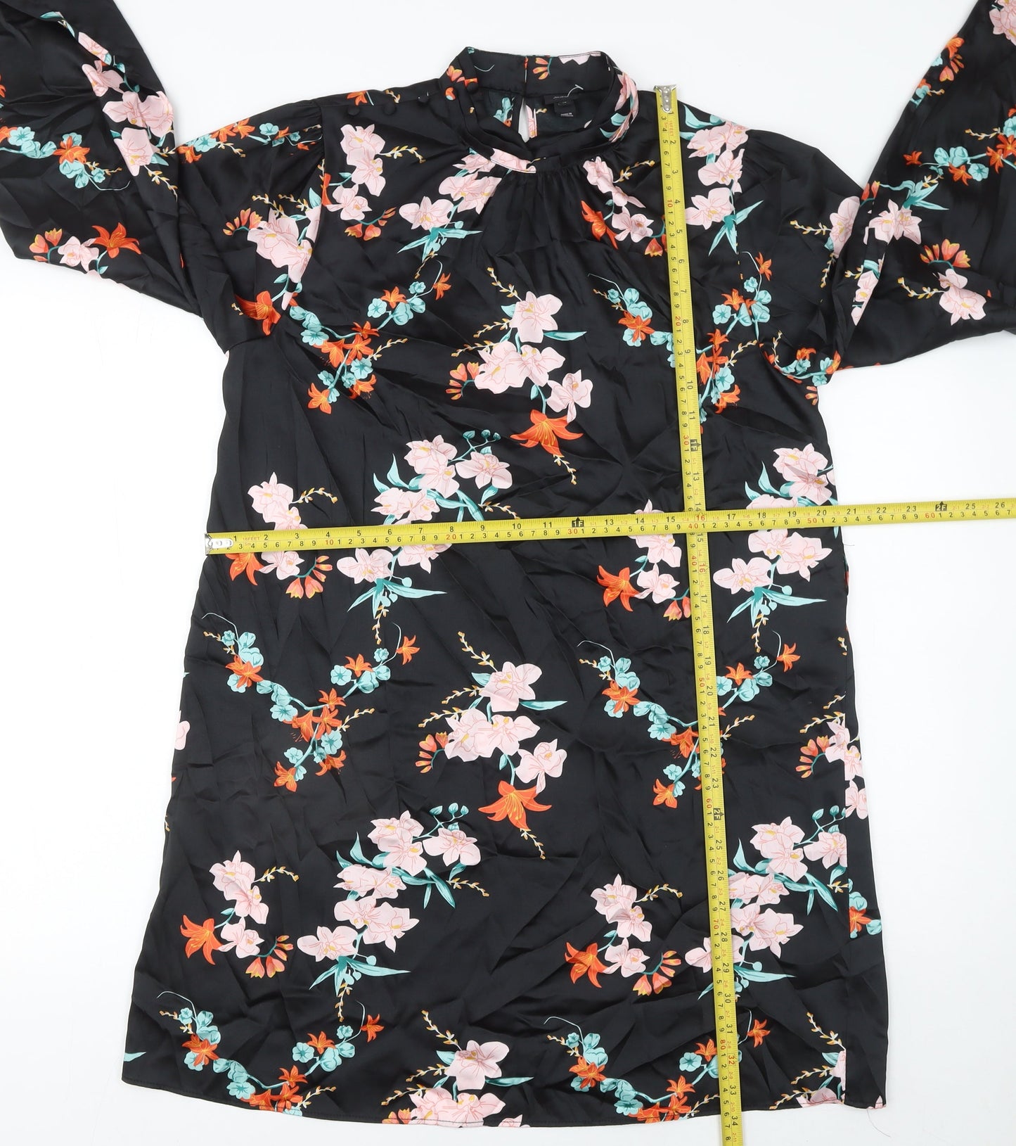 River Island Women's Black Floral Shift Dress Size 14 Long Sleeve