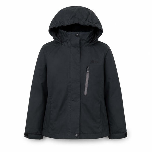 Front view of Hi Gear boys’ black waterproof hooded rain coat jacket 5-6 years