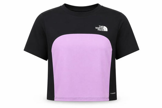 Front view of The North Face girls’ black purple cropped active t-shirt xl flashdry