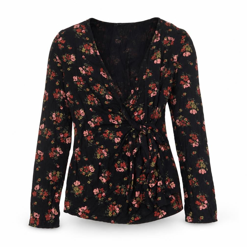 Boohoo Womens Black Floral Wrap Blouse Size 12 Long Sleeve