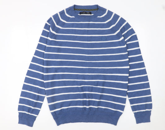 Paul Costelloe Living Men's Blue Striped Cotton Crew Neck Pullover Jumper Medium