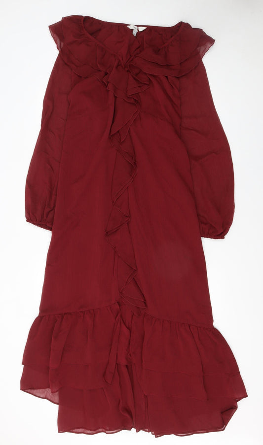 Marks and Spencer Women Red Ruffle Midi Fit & Flare Dress Size 14