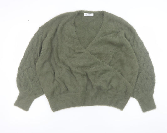 Gallery Women’s Green Wrap Knit Jumper XL V-Neck Balloon Sleeve