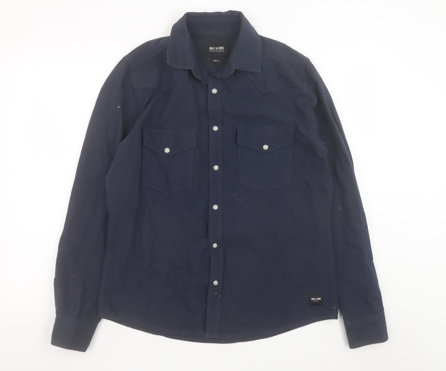 Only & Sons Mens Blue Slim Fit Cotton Long Sleeve Button-Up Shirt M