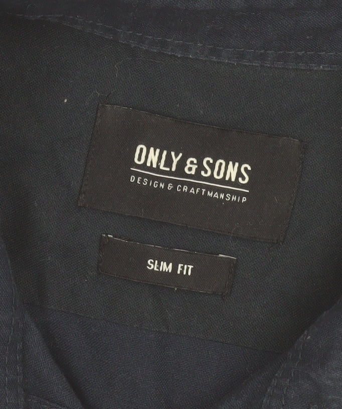 Only & Sons Mens Blue Slim Fit Cotton Long Sleeve Button-Up Shirt M