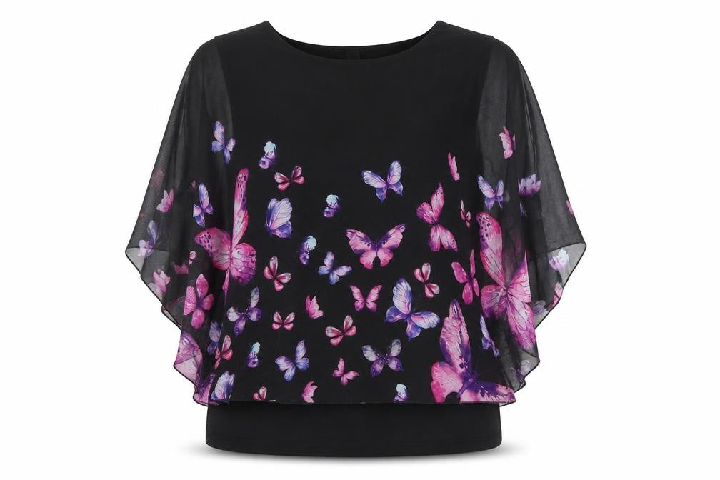 Ulla Popken Women's Black Butterfly Chiffon Tunic Top Size 16