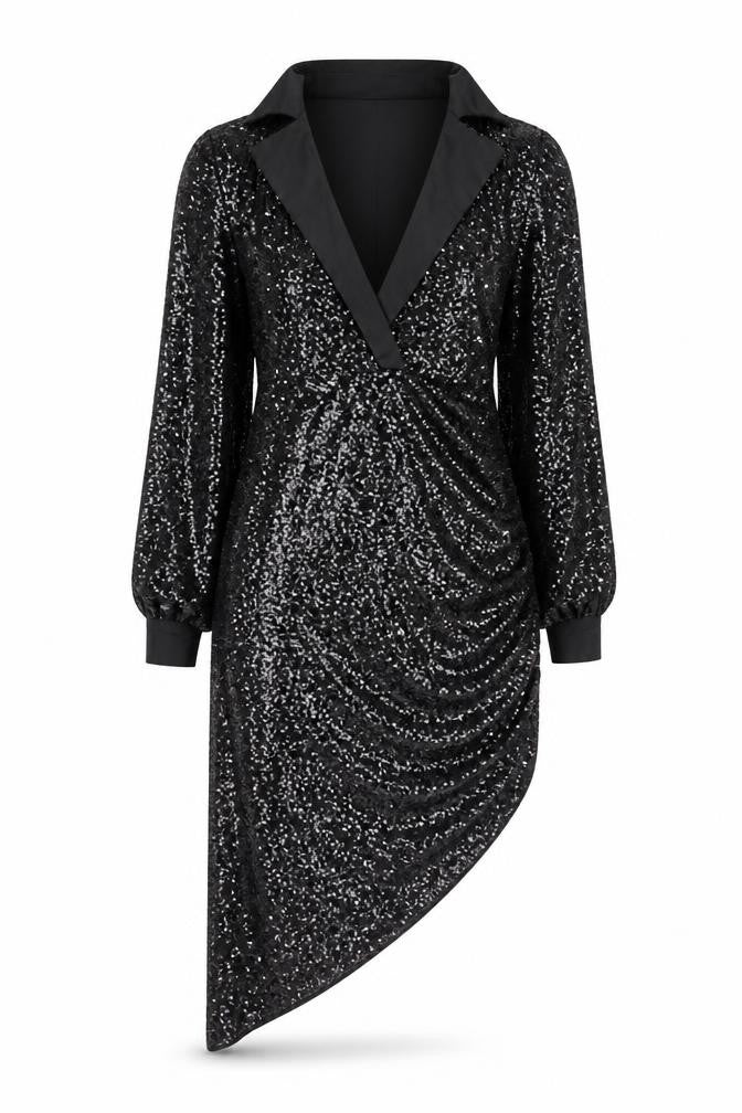 PRETTYLITTLETHING Women Black Sequin Asymmetric Bodycon Dress UK 12
