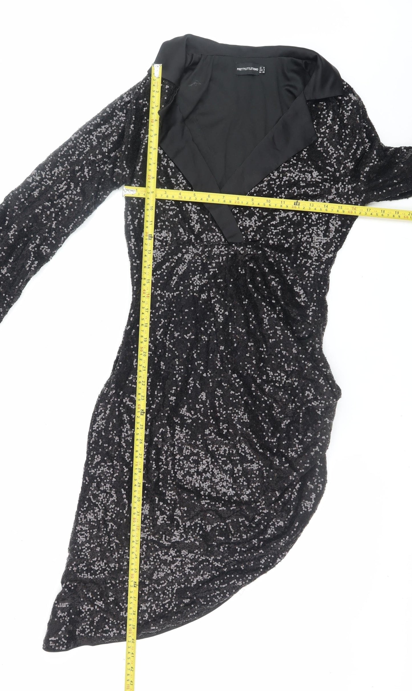 PrettyLittleThing Women Black Sequin Asymmetric Bodycon Dress UK 12