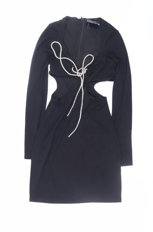 Bershka Women's Black XS Cut Out Long Sleeve Bodycon Dress