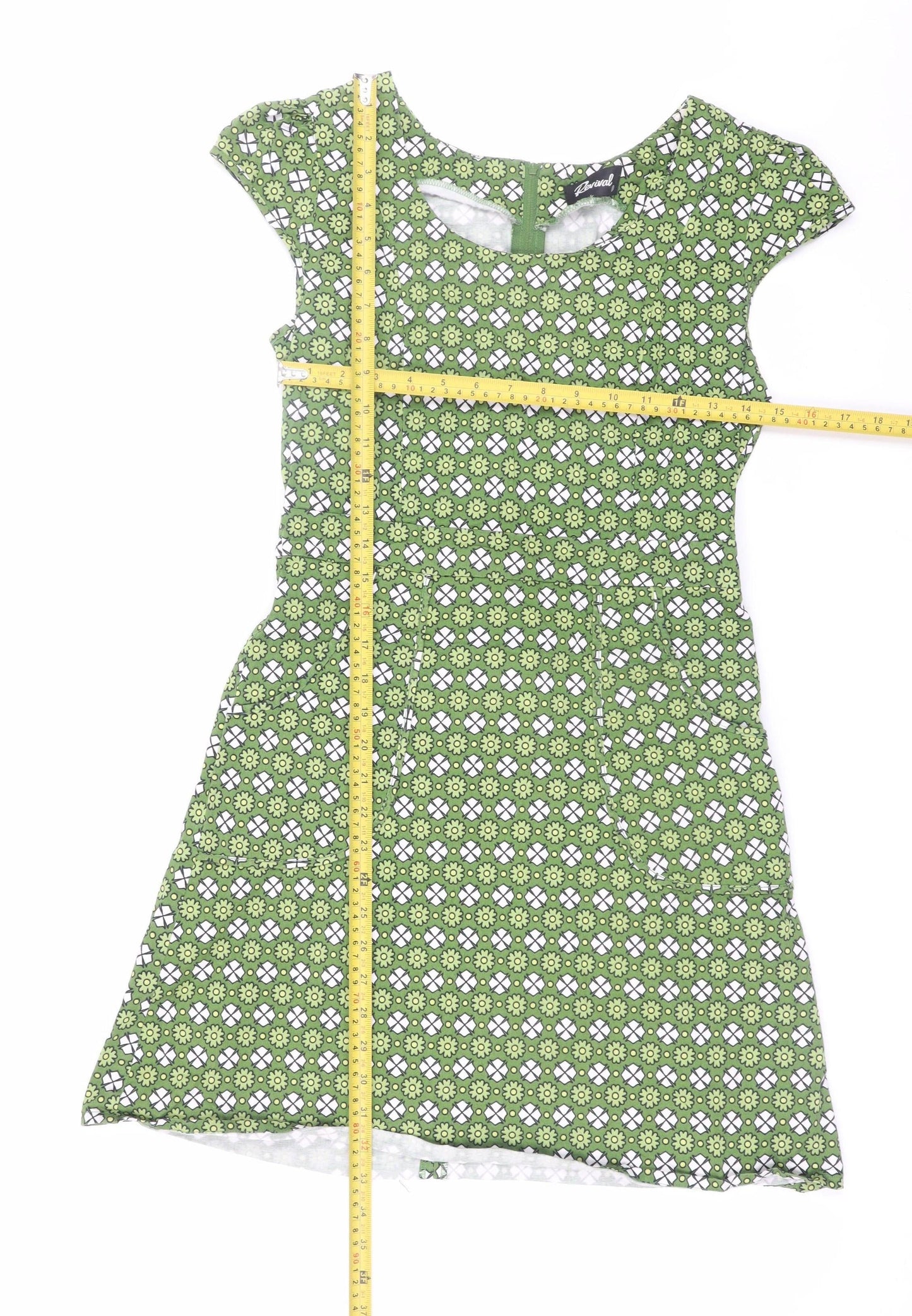 Revival Women Green Geometric Fit & Flare Dress Size 8