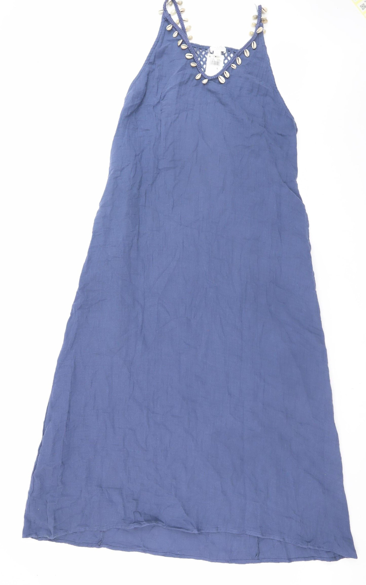 Anne Cole Women Blue Cotton Boho Slip Dress L Sleeveless Beaded V-Neck Midi