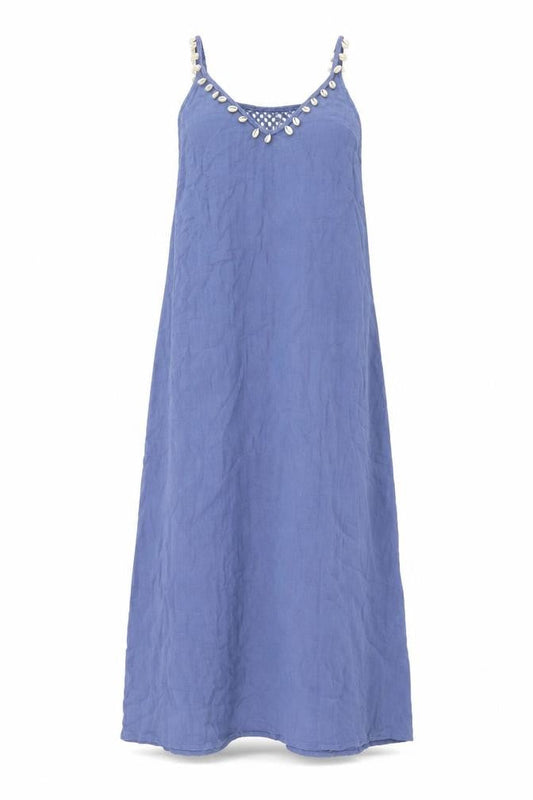 Anne Cole Women Blue Cotton Boho Slip Dress L Sleeveless Beaded V-Neck Midi