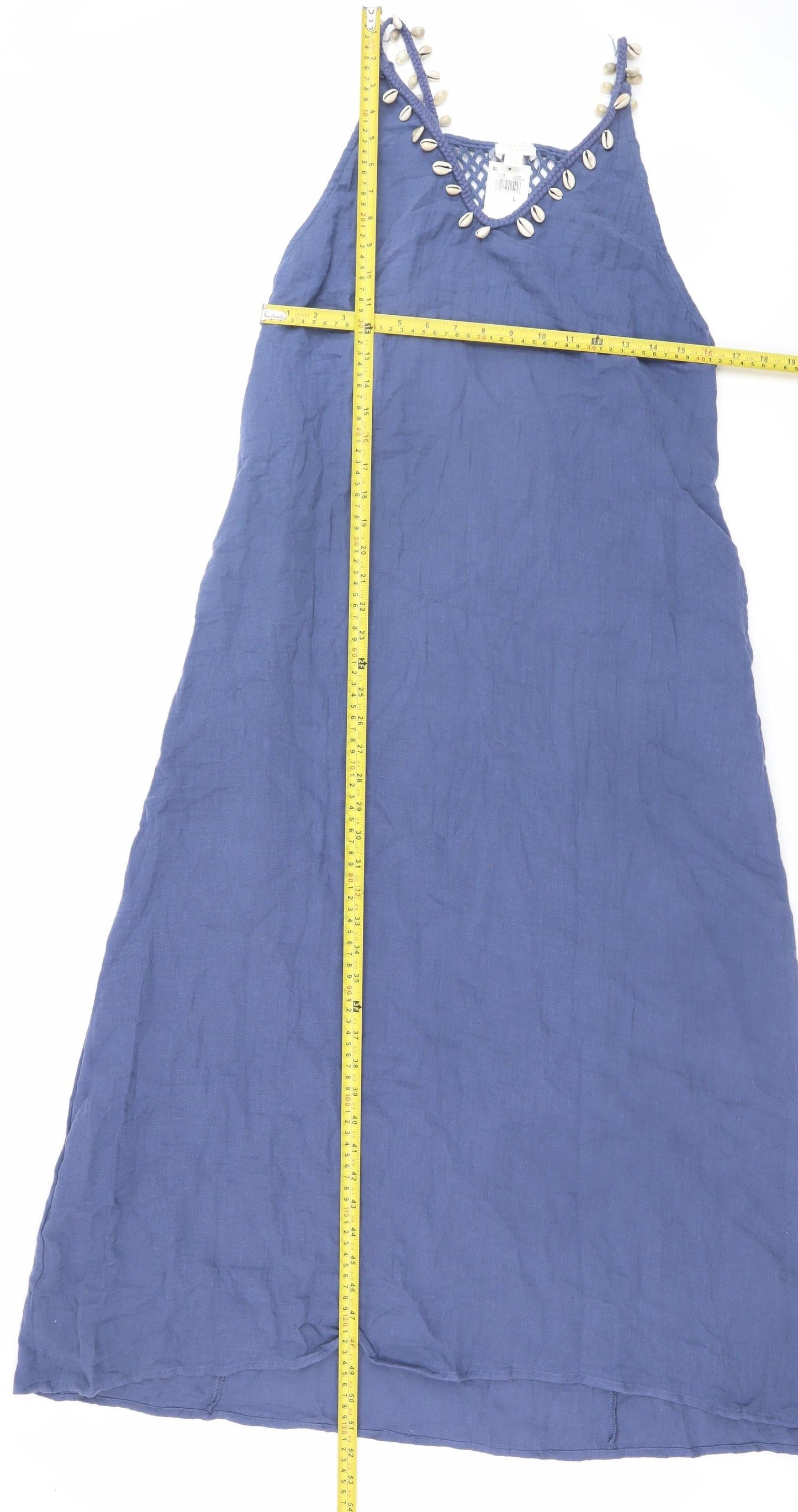 Anne Cole Women Blue Cotton Boho Slip Dress L Sleeveless Beaded V-Neck Midi
