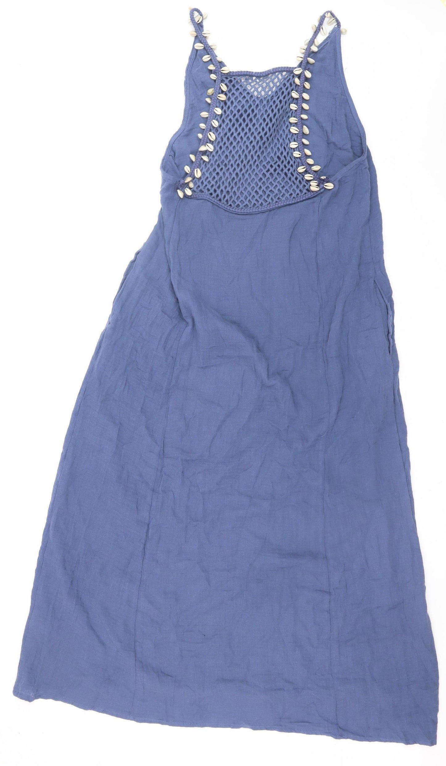 Anne Cole Women Blue Cotton Boho Slip Dress L Sleeveless Beaded V-Neck Midi