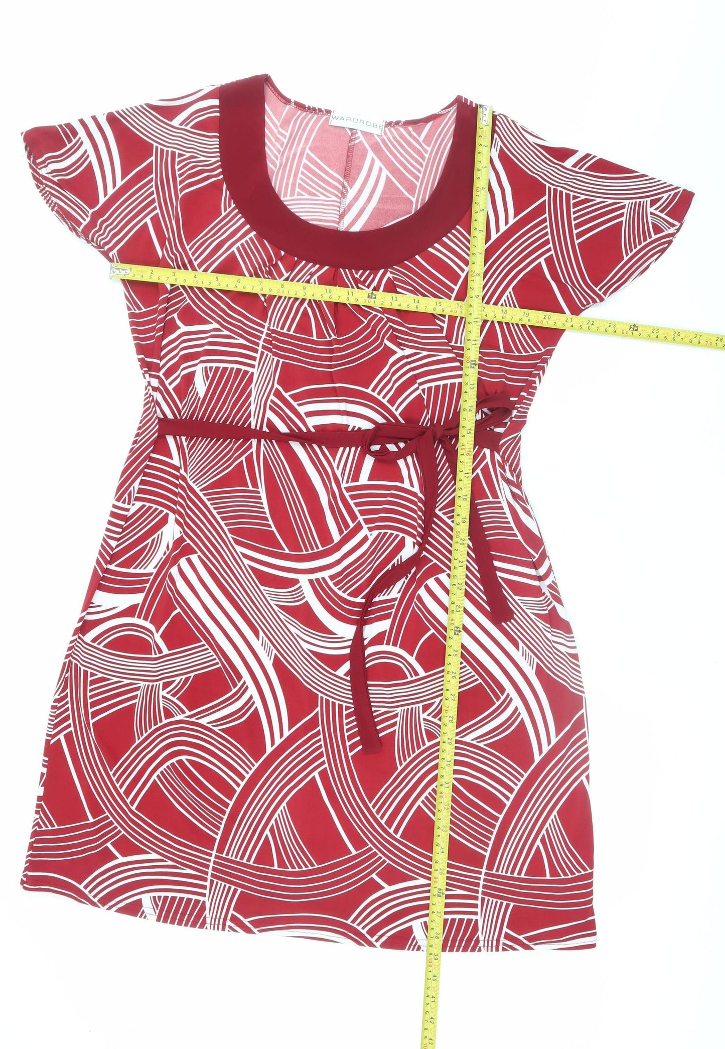 Wardrobe Women Red Geometric Shift Dress Size 16 Short Sleeve Stretch
