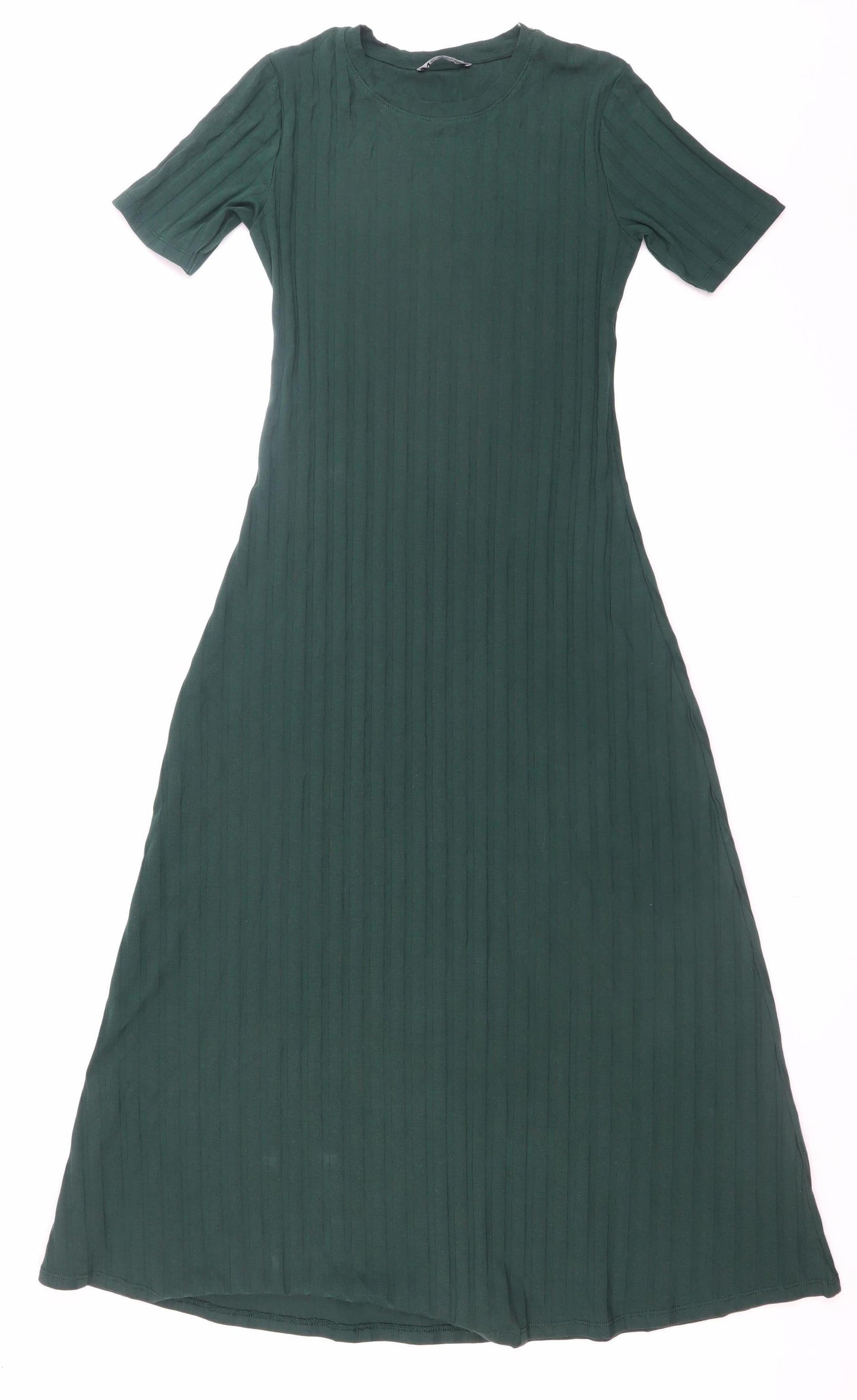 Zara Women Green Midi Fit & Flare Ribbed Cotton Dress Size S