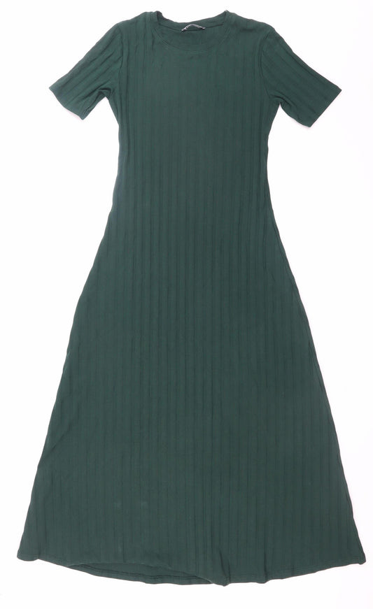 Zara Women Green Midi Fit & Flare Ribbed Cotton Dress Size S