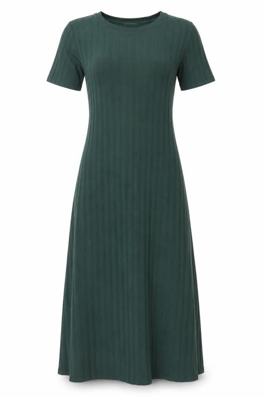 Zara Women Green Midi Fit & Flare Ribbed Cotton Dress Size S