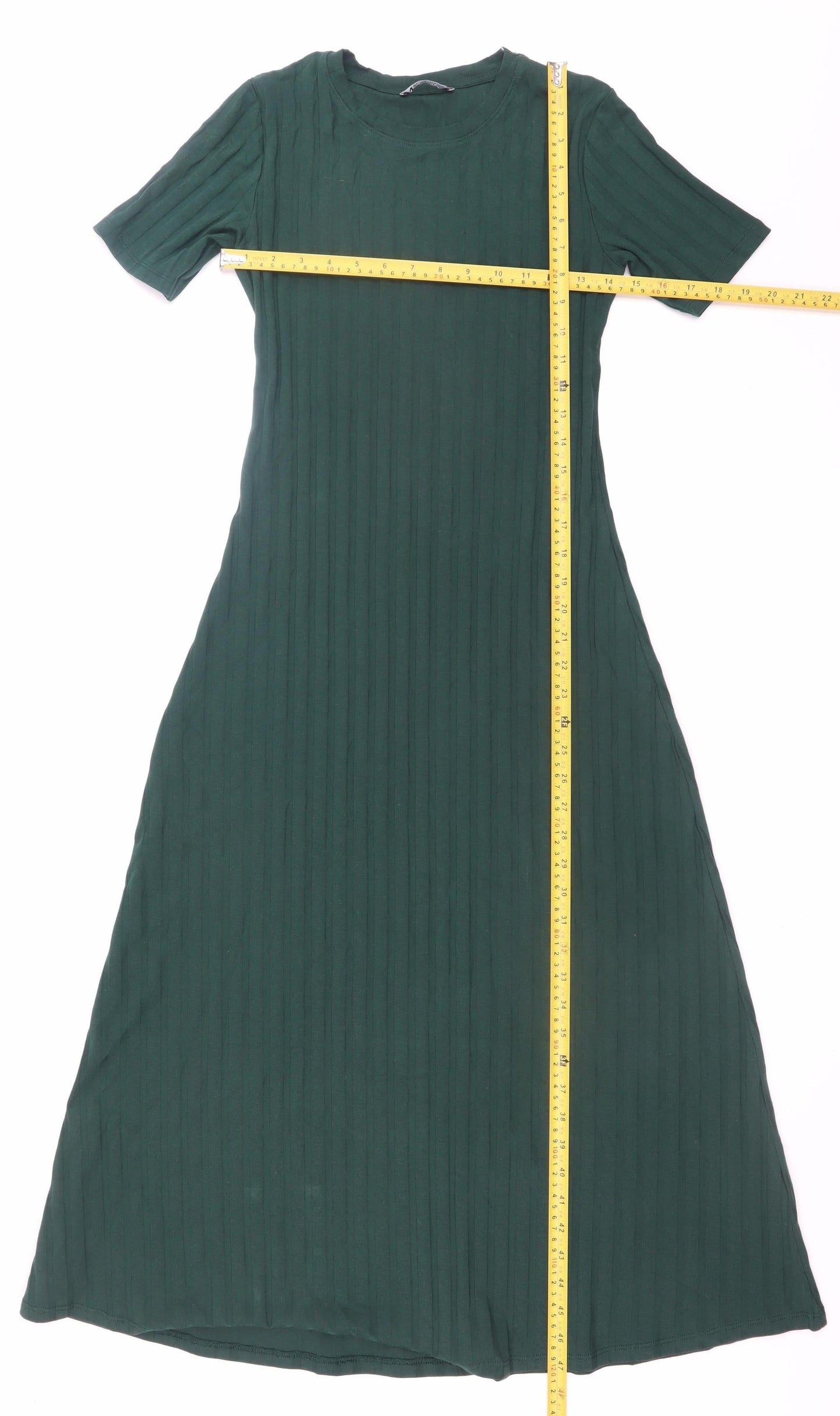 Zara Women Green Midi Fit & Flare Ribbed Cotton Dress Size S