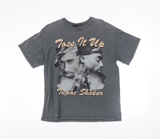 Bershka Men’s Grey Tupac Shakur Graphic Band T-Shirt XS