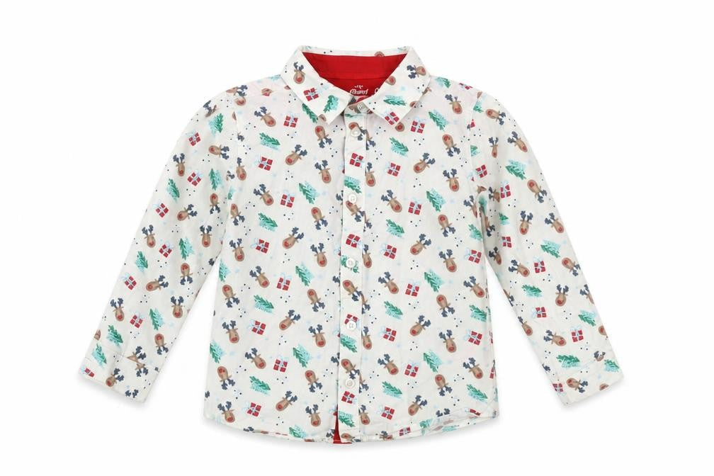 Mini Rebel Boys White Christmas Reindeer Button-Up Cotton Shirt 18-24 Months