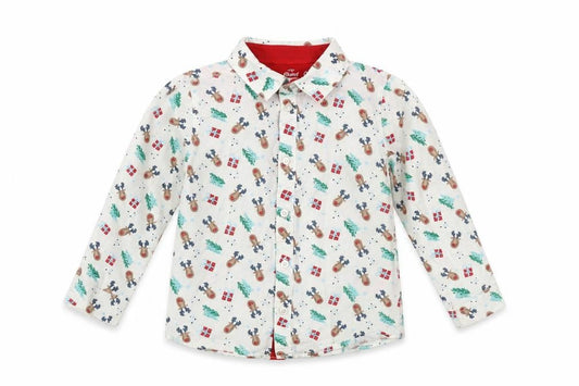 Front view of Mini Rebel boys’ white christmas reindeer button-up cotton shirt 18-24 months