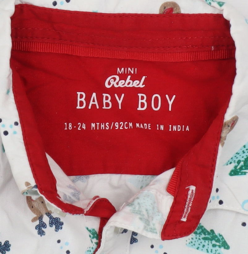 Mini Rebel Boys White Christmas Reindeer Button-Up Cotton Shirt 18-24 Months