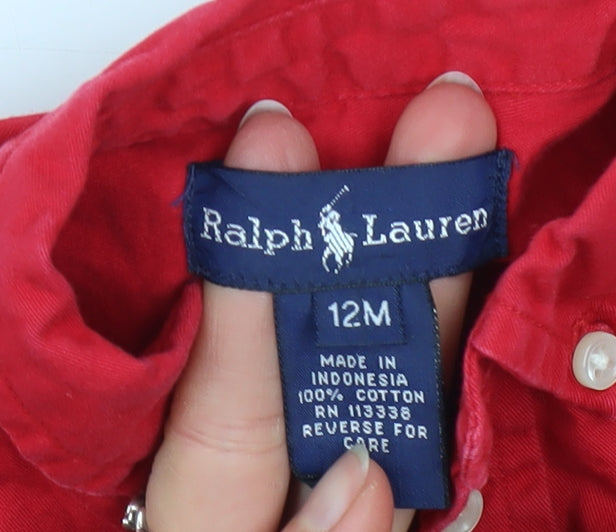 Ralph Lauren Red Cotton Button-Up Shirt 12 Months Unisex Long Sleeve