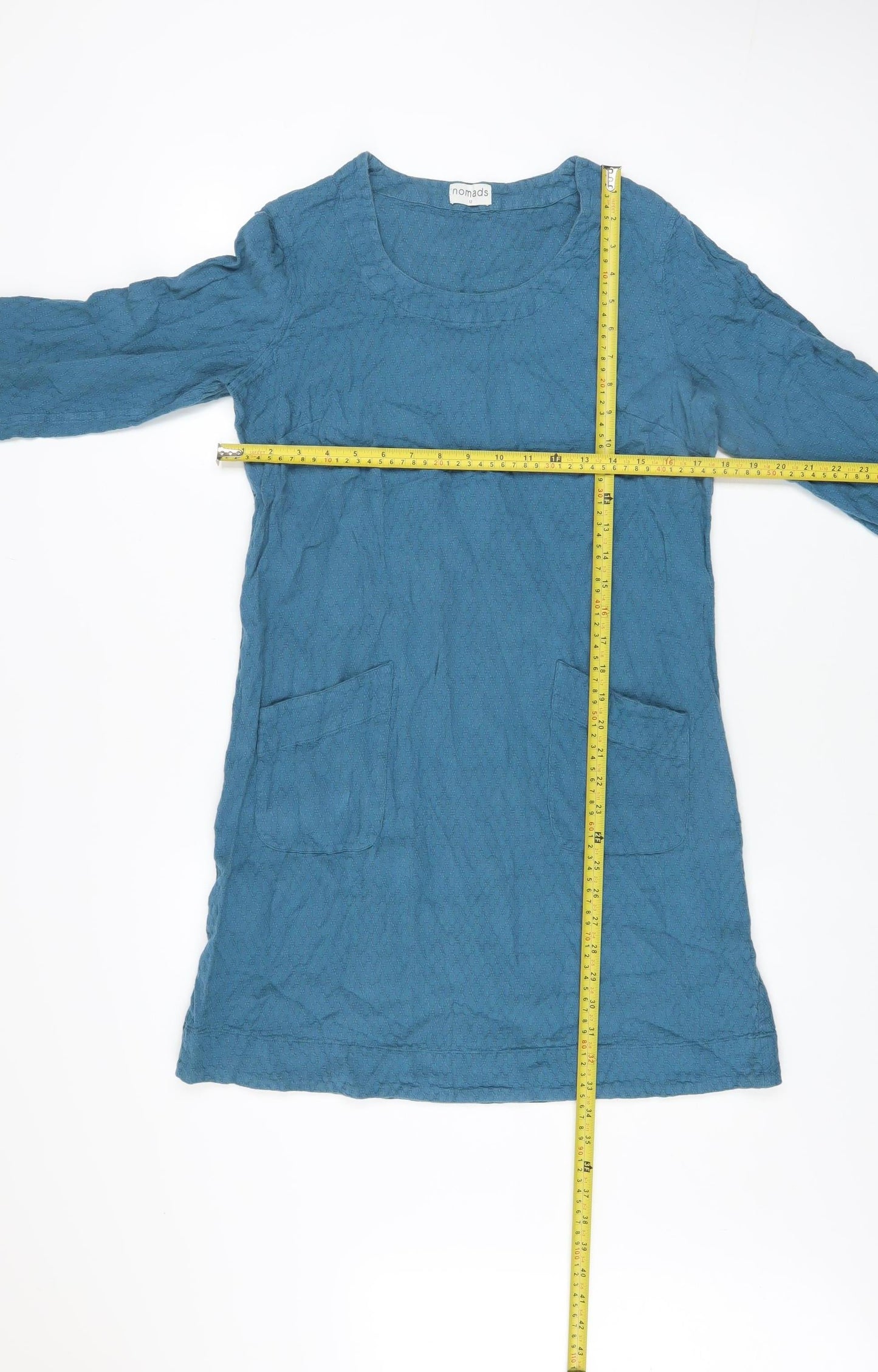Nomads Women Blue Cotton Shift Dress Size 12 3/4 Sleeve Casual