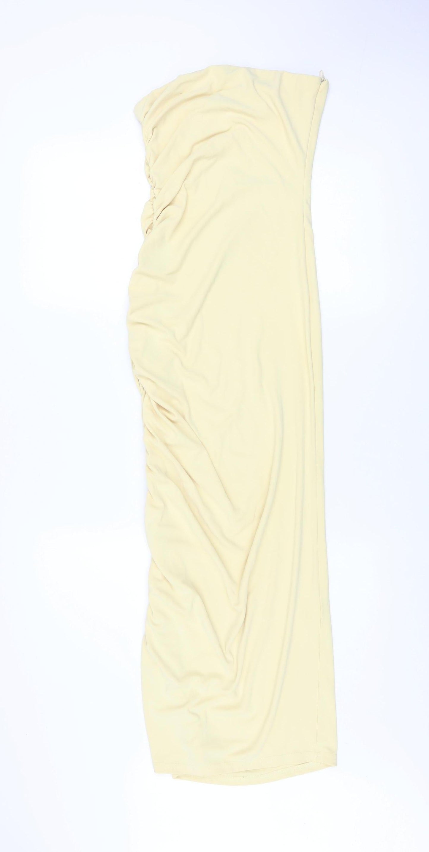 Zara Women Beige Strapless Ruched Midi Bodycon Dress XS