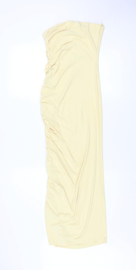 Zara Women Beige Strapless Ruched Midi Bodycon Dress XS